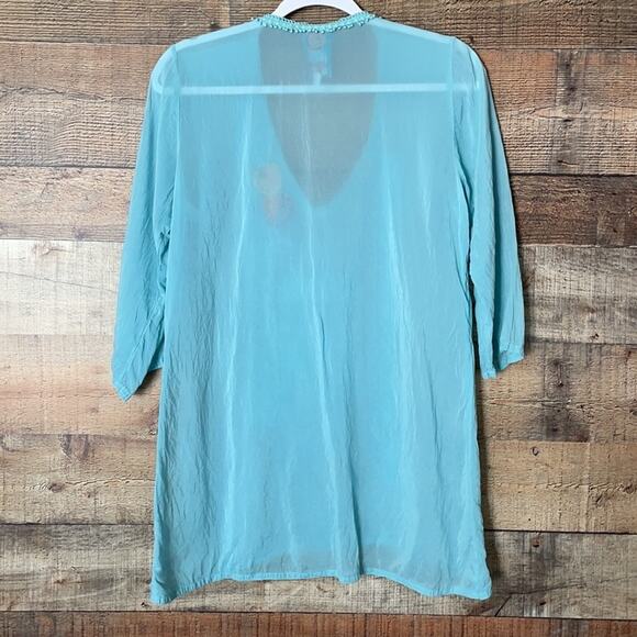 Johnny Was Sheer Tunic Top Aqua Blue Embroidered Eyelet Crop Sleeve SZ Small - Picture 7 of 10